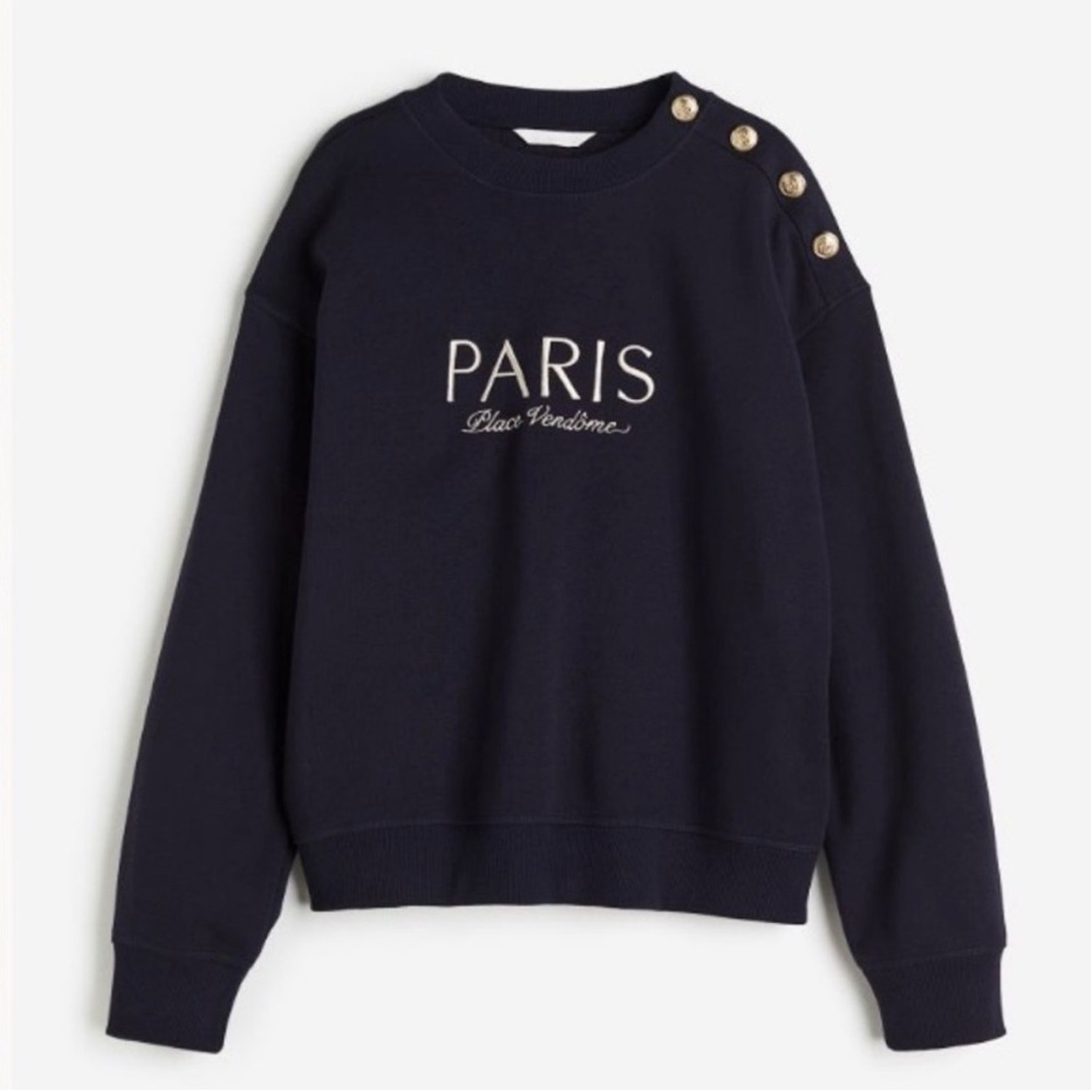H&M NWT PARIS Place Vendome Gold Button SWEATSHIRT Navy Blue/Paris size S NWT
